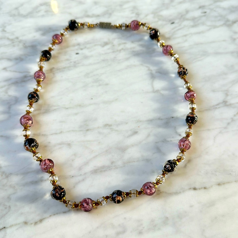 Italian murano glass bead necklace lavender and dark navy/black